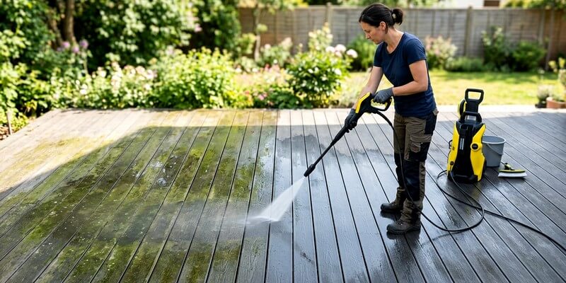 Femme qui nettoit une terrasse en composite qui verdit